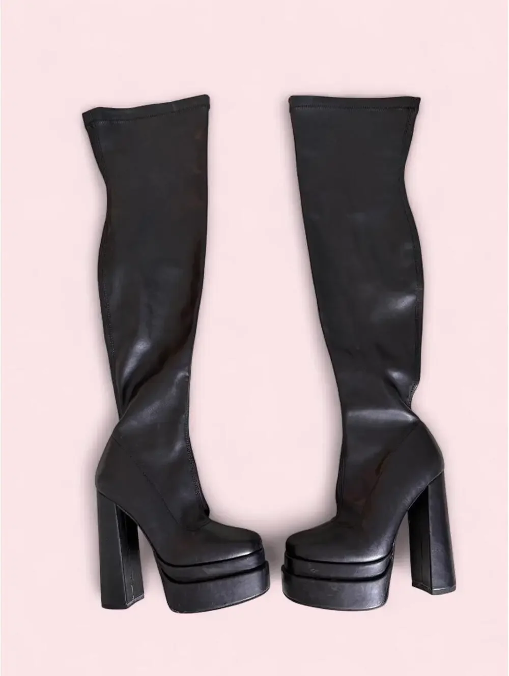 Black leather thigh high boots with platform and chunky heel